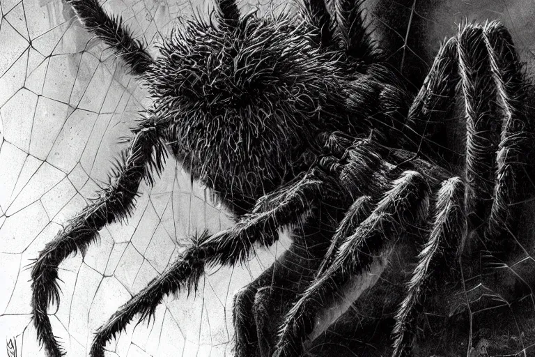 Prompt: a close - up view of a monstrous tarantula in a dark foreboding tunnel, with cobwebs, in the style of joe jusko, dramatic lighting, atmospheric, low angle, wide angle, very realistic, concept art, highly detailed digital painting, trending on artstation