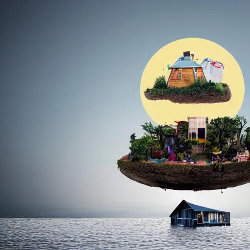 Image similar to a picture of a floating island with a house on it, an album cover by Justin Currie, polycount, plasticien, made of plastic, concert poster, made of trash