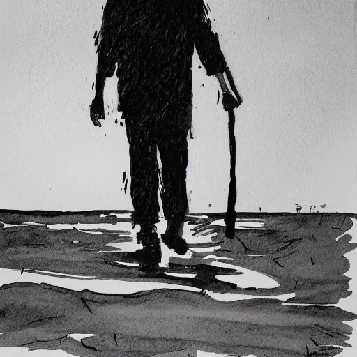 Prompt: ink and brush drawing of ben mendelsohn walking on the beach smoking, sunset