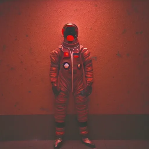 Image similar to lomo photo of reptilian in spacesuit staying in front of abandoned hospital, red splatters on the walls, dark, moody, foggy, gloomy