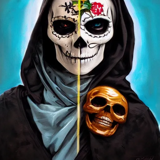 Image similar to painting of the virgin mary skull face by greg rutkowski and jc leyendecker with graffiti pop art