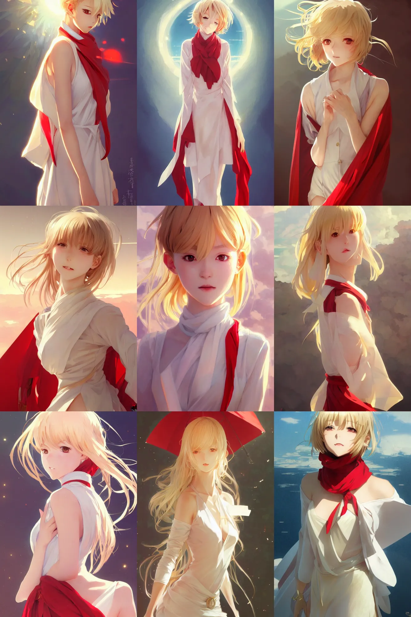 Prompt: anime girl of the future, light gold hair, splendid white 20th century dress, red scarf, triangles, body portrait, slight smile, windy, highly detailed, digital painting, artstation, concept art, sharp focus, illustration, art by WLOP and greg rutkowski and alphonse mucha and artgerm and yanjun chen