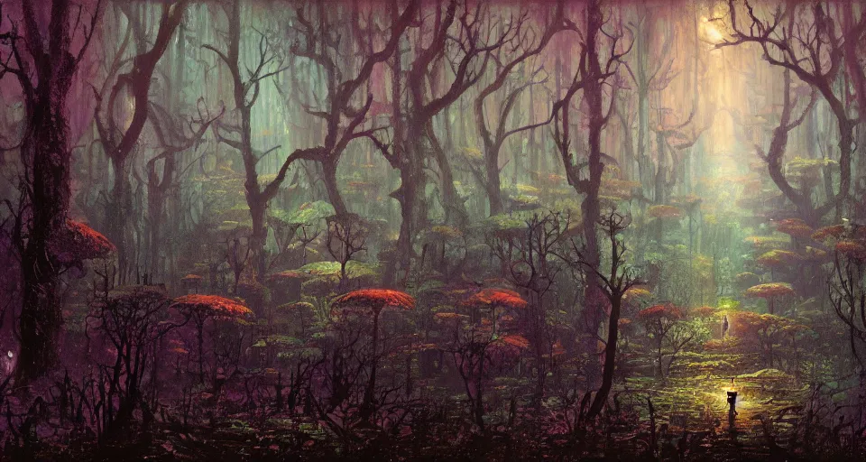 Image similar to A dense and dark enchanted forest with a swamp, by PAUL LEHR ,