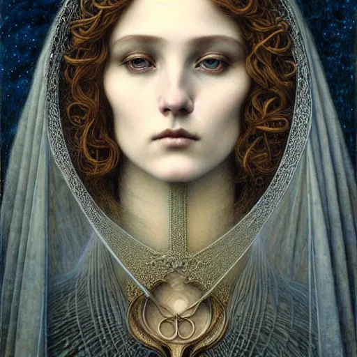 Image similar to detailed realistic beautiful young medieval queen face portrait by jean delville, tom bagshaw, brooke shaden, gustave dore and marco mazzoni, art nouveau, symbolist, visionary, gothic, pre - raphaelite, ornate gilded medieval icon, surreality