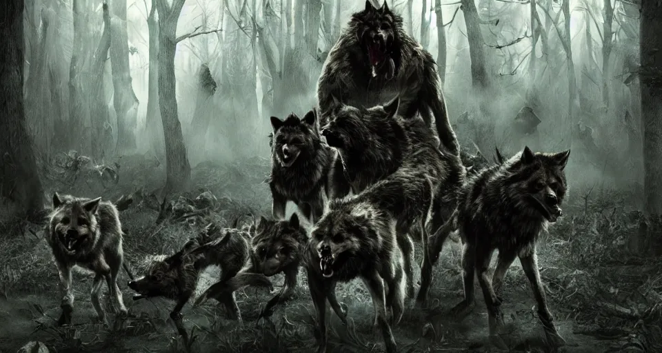 Image similar to an epic action concept masterpiece of a rabid wolfpack, in a forest made of nightmares, horrific digital art, extremely moody lighting, style of chippy