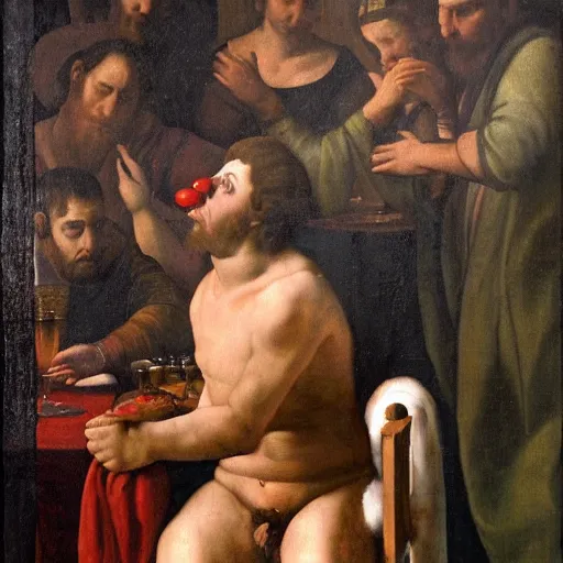 Prompt: renaissance painting of greek god eros who is a clown, has hurt his knee, sitting in a chair and is watching the game on tv, beer in hand