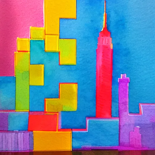 Image similar to new york city made out of tetris pieces, watercolor painting