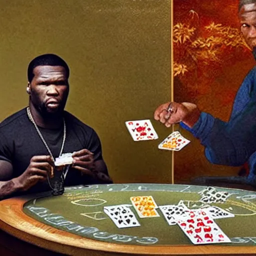 Prompt: 5 0 cent playing blackjack while eating cake in a zen garden, neoclassical painting, hyperrealistic