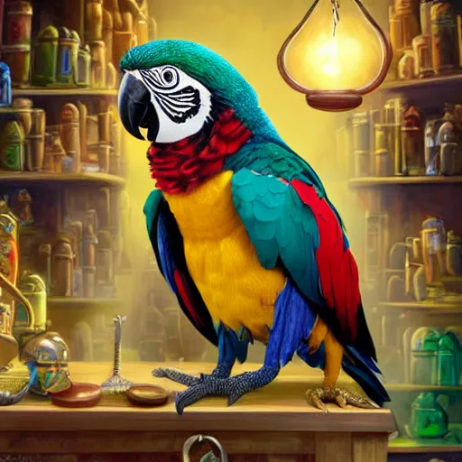 Prompt: Anthropomorphized parrot trader in his shop, shelves full, selling a gem, portrait, items, magic potions, carpet, window, sly expression , cunning expression, cute expression, presenting magic gem, D&D, fantasy, cinematic lighting, highly detailed, digital painting, artstation, concept art, smooth, sharp focus, illustration, warm light, cozy warm tint, magic the gathering artwork, volumetric lighting, 8k, no gold, no gold colours, art by Akihiko Yoshida, Greg Rutkowski