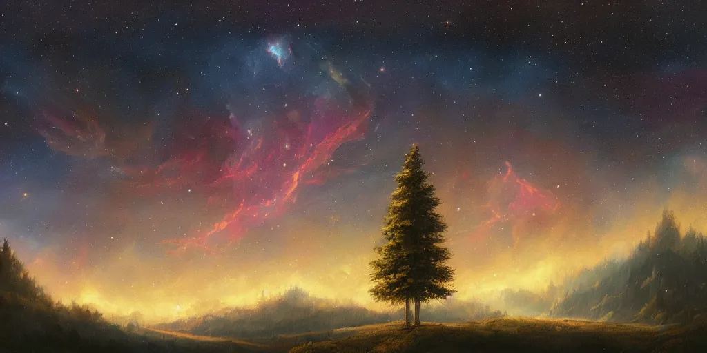 Prompt: painting of a landscape with a nebula as the sky, several fir trees, beautiful, trending on artstation, ultra high detail