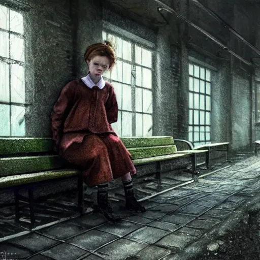 Image similar to sadie sink in oversized school uniform. waits on a bench | a bench along a wall. next to a door. in an office building. concept art for scifi dystopian film. by nikolay makovsky, bob byerley, wadim kashin, andrea kowch. cinematic moody atmosphere, detailed and intricate, perfect anatomy