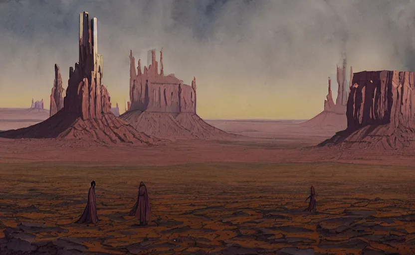 Image similar to a hyperrealist watercolor concept art of monument valley as a sci - fi futurist metropolis. a medieval monk in grey robes is in the foreground. golden hour. very muted colors, by rebecca guay, michael kaluta, charles vess. high detail, hq, wide shot, 4 k