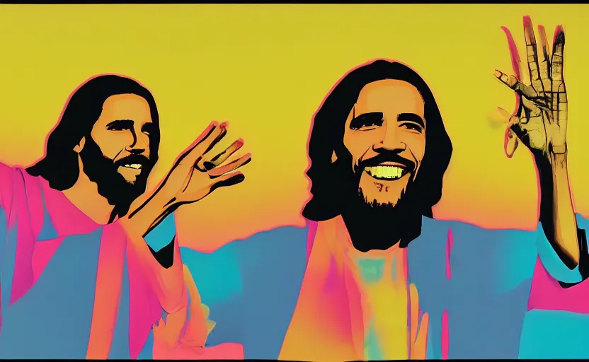 Prompt: Obama and Jesus getting stoned by Beeple and Andy Warhol; 4K; 8K