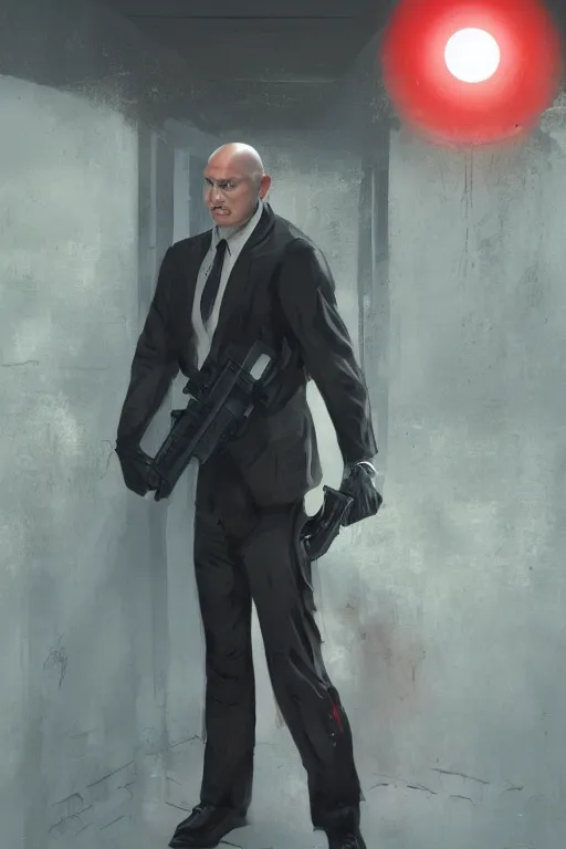 Image similar to an expressive full body portrait of agent 4 7 from hitman in a hallway full of guns, dark background, red rim light, digital art, artstation, concept art by giger stalenhag