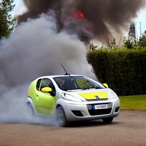 Prompt: High definition, professional photo of a Peugeot 1007 that is on fire, 8k