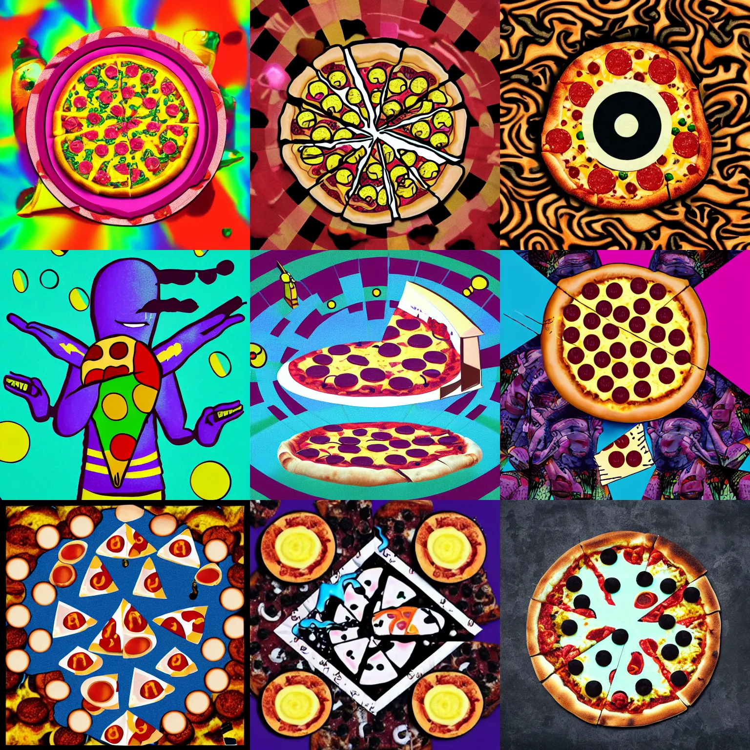 Prompt: album cover with a pizza, in the style of aphex, trippy, rave