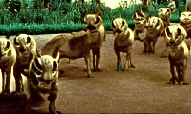 Image similar to full - color cinematic movie still from a 1 9 6 8 surreal film directed by salvador dali about children visiting a zoo. bizarre ; dream - like.