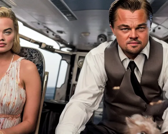 Prompt: leonardo dicaprio as the wolf of wall street next to margot robbie as naomi from the wolf of wall street sitting in a helicopter, hyper realistic faces, beautiful eyes, cinematic, long shot, hyper detailed, 8 5 mm photograph, 8 k resolution, film still, sharp lens, wide lens