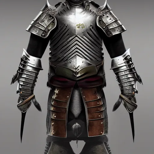 Prompt: armor concept medieval European with subtle Japanese hints made of steel and leather, concept art, armor