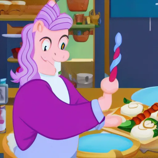 Image similar to A unicorn working as a chef, Animated Still