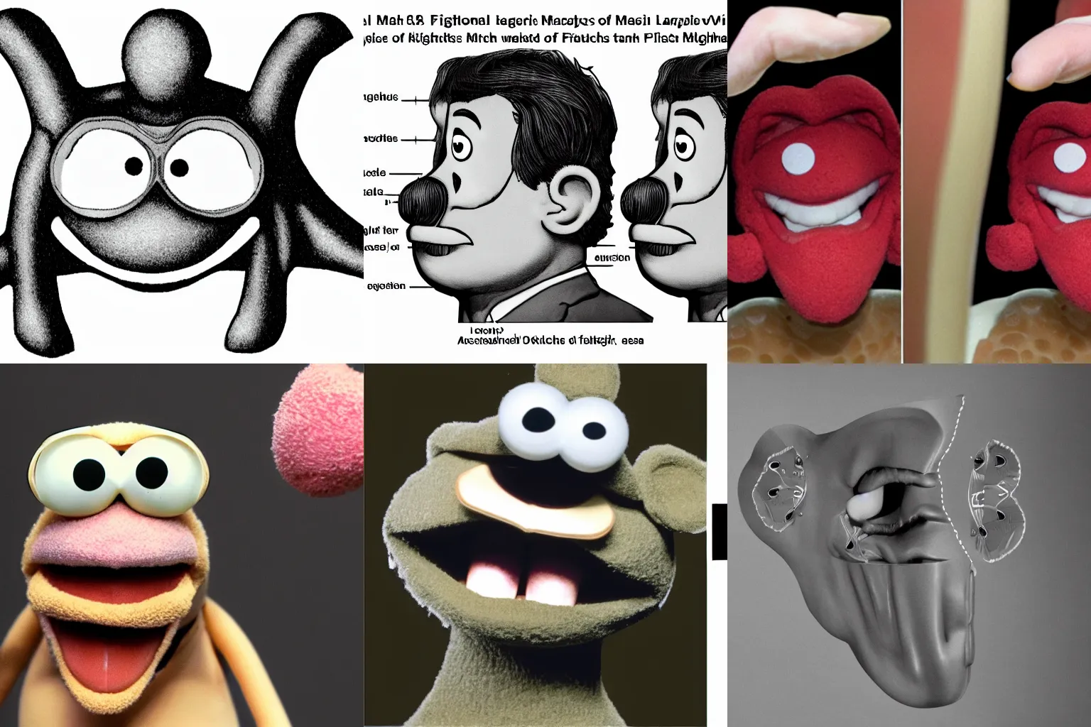 Prompt: FIGURE 6.9.1 Mid-sagittal oral vocal tract showing major areas of articulation for a muppet's oral vocal tract, black and white figure from a linguistics research paper