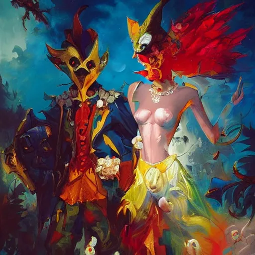 Image similar to a beautiful and vivid and colorful peter mohrbacher and andreas rocha impasto acrylic painting of a masquerade ball