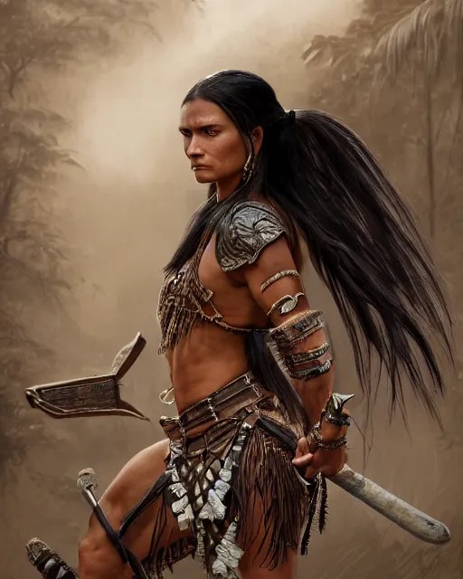 Image similar to Strong native American female beauty with long straight black hair in a ponytail and muscular figure, wearing roman black leather armor with detailed bronze ornaments, she is a fighter holding two sabers in a vivid jungle in natural light, low angle, mist, micro details, octane render, in the style of Anders Zorn and Jaime Jones, trending on artstation, concept art for movies