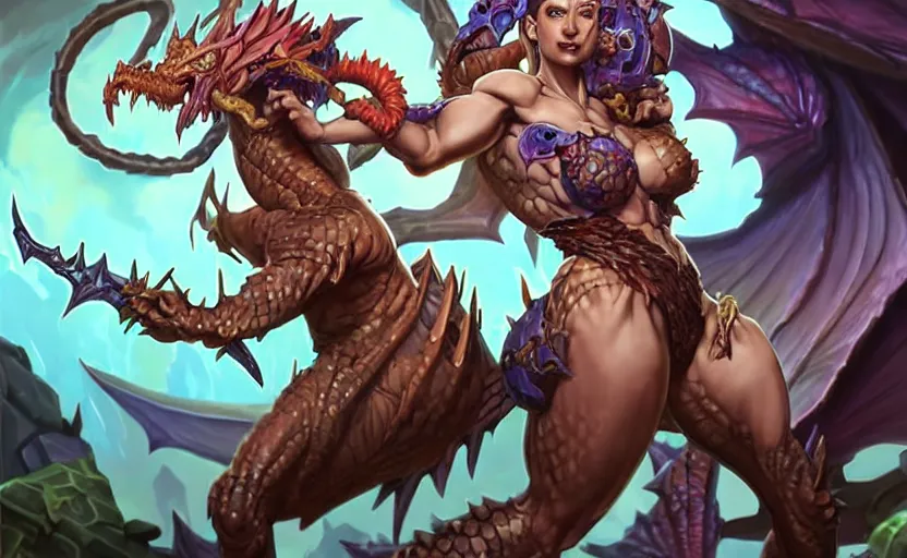 Image similar to muscular reptilan dragon woman, fantasy, whimsical, dungeons and dragons, league of legends splash art, heroes of the storm splash art, hearthstone splash art, world of warcraft splash art, overwatch splash art, art by artgerm, art by alphonse mucha, intricately detailed, highly detailed, trending on artstation, 4 k