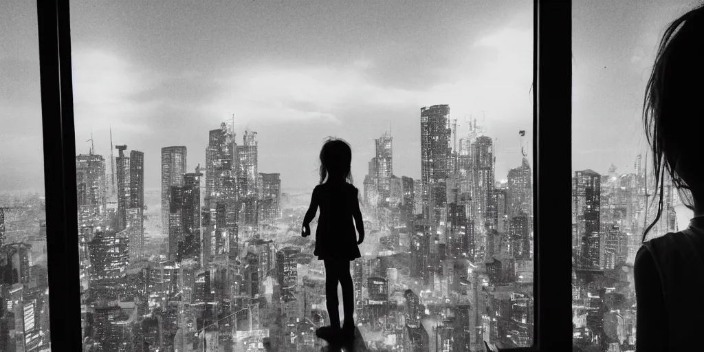 Image similar to overlooking on night city cyberpunk from floor to ceiling window, one little girl, beautiful hair at the back, looking out the window, liminal, cinematic, dreamscape