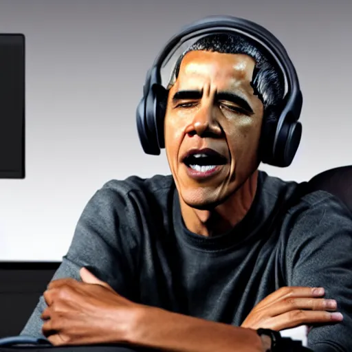 Prompt: Obama wearing headphones shouting on his gaming chair, 4k
