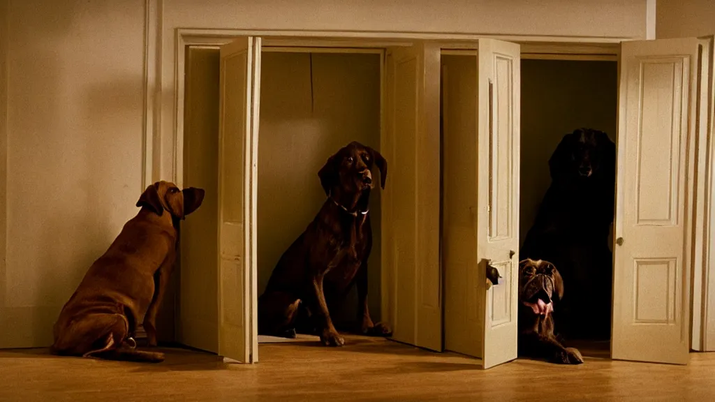 Image similar to giant dog in the cupboard, film still from the movie directed by Denis Villeneuve with art direction by Salvador Dalí, wide lens