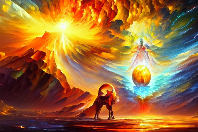 Prompt: a god giving birth to a new universe and then dissolving itself into it, in the style of wlop chad knight and leonid afremov, illustration, epic, fantasy, hyper detailed, smooth, unreal engine, sharp focus, ray tracing