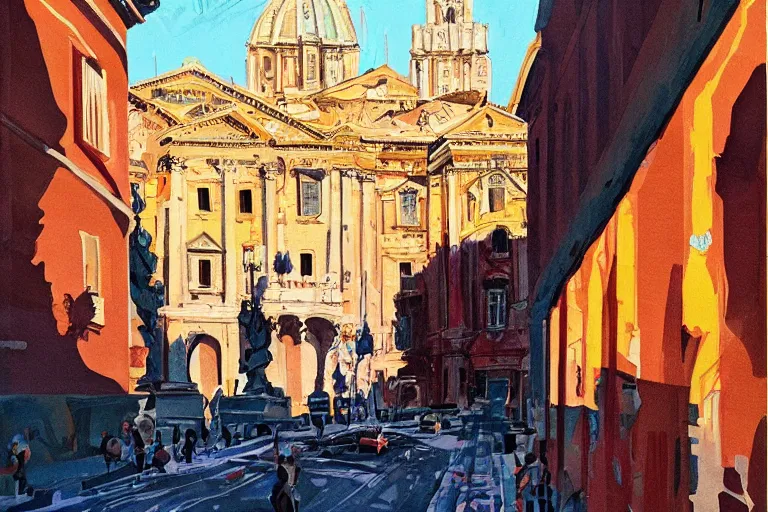 Image similar to !! gouache!! rome in a sunny day, artwork by tooth wu, colorful contrast,!!!! very coherent!!!!, dark shadow, thick lineart