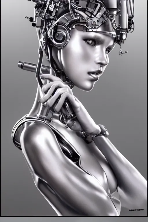 Image similar to a portrait of a gynoid with mechanical part by Hajime Sorayama, highly detailed, trending on artstation