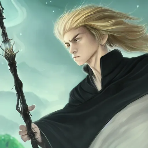 Image similar to Young, handsome wizard with a blonde ponytail wearing exquisite black robes, a spider cloak and wielding a legendary staff of light. Magic flux. High fantasy, digital painting, HD, 4k, detailed.