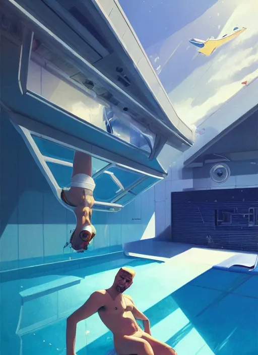 Image similar to an astronaut sunbathing by a pool, isometric, complimentary colors, perfect lighting, aesthetic, masterpiece, award winning, perfect composition, artstation, 4 k, darek zabrocki, greg rutkowski, artgerm