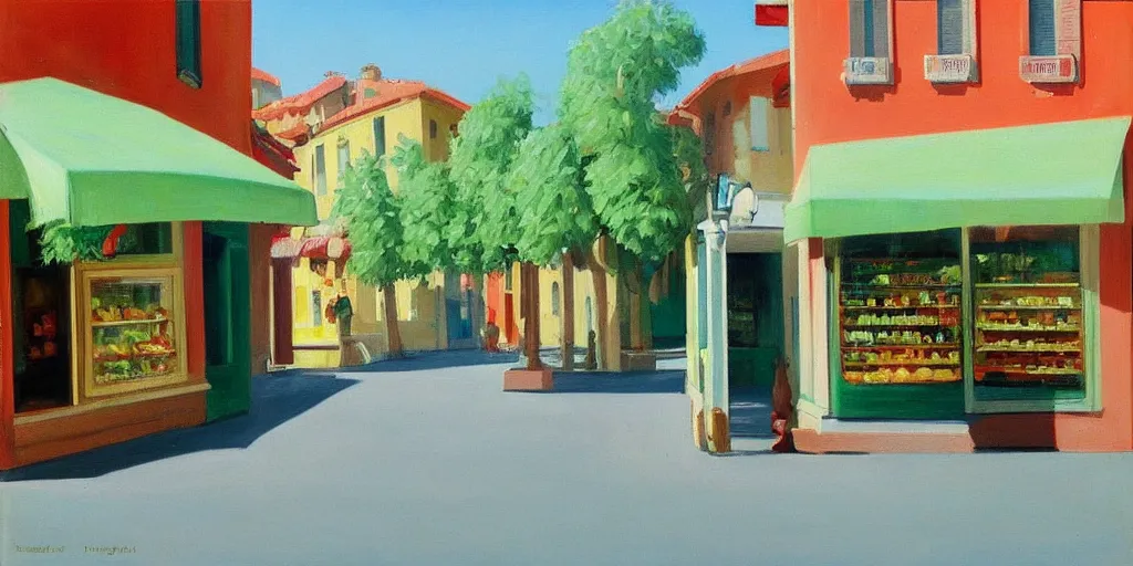 Image similar to calm italian street with green trees and icecream shop in the style of Edward Hopper