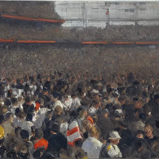 Image similar to crowd at old tiger stadium, by jeremy mann, anders zorn