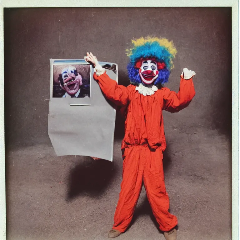 Image similar to color photo of the world's happiest clown, weathered polaroid, circa 1 9 8 6, technicolor, archival quality image, photograph scanned by