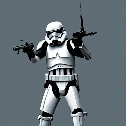 Image similar to an extremely long shot of an imperial stormtrooper in battle position ready to shoot his blaster concept art by Doug Chiang cinematic, realistic painting, high definition, very detailed, extremely high detail, photo realistic, concept art, the Mandalorian concept art style