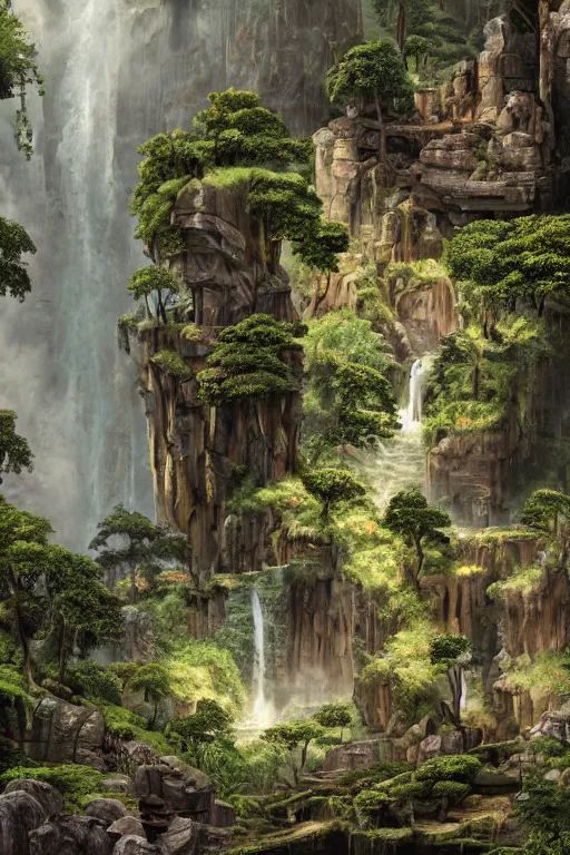 Prompt: carved into the Rock a citadel-temple above a waterfall , gnarly trees, lush vegetation, forrest, a small stream runs beneath the waterfall, landscape, raphael lacoste, eddie mendoza, alex ross, concept art, matte painting, highly detailed, rule of thirds, dynamic lighting, cinematic, detailed, denoised, centerd