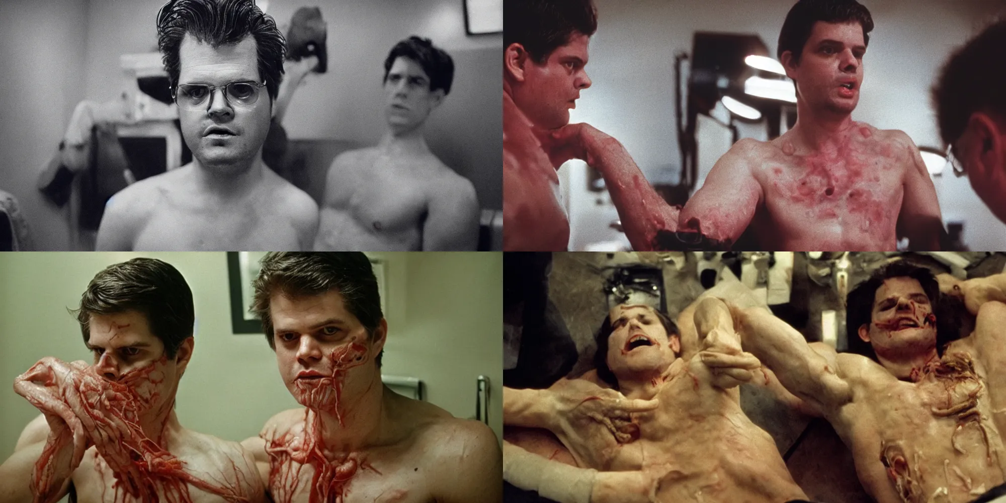 Prompt: matt gaetz body horror directed by david cronenberg, limb mutations, swollen veins, cinestill 8 0 0 t, 1 9 8 0 s movie still, film grain