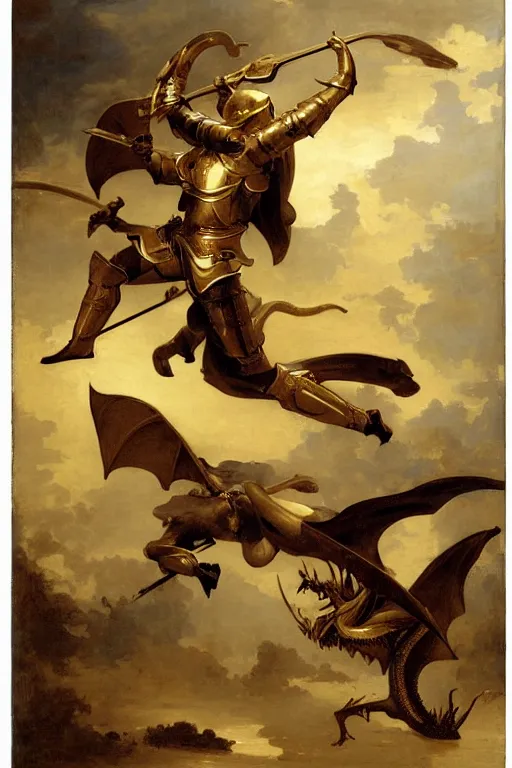 Prompt: a knight in gold armor battling a dragon style of William Adolphe Bouguereau