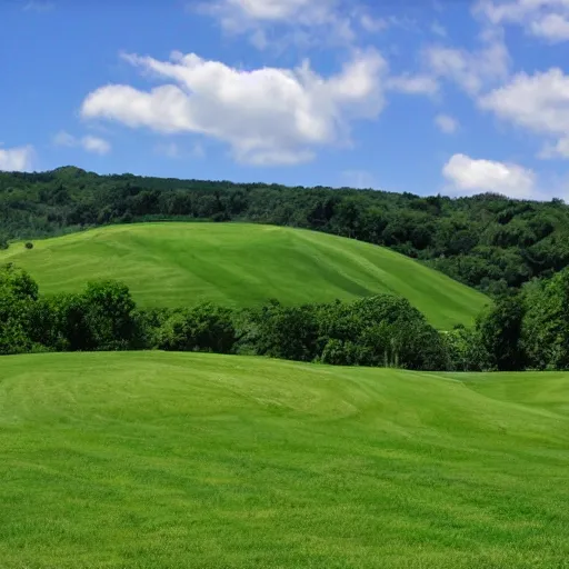 Image similar to a singular, green hill in the middle of the photo. no tree's are on the hill. the sky is a bright blue.