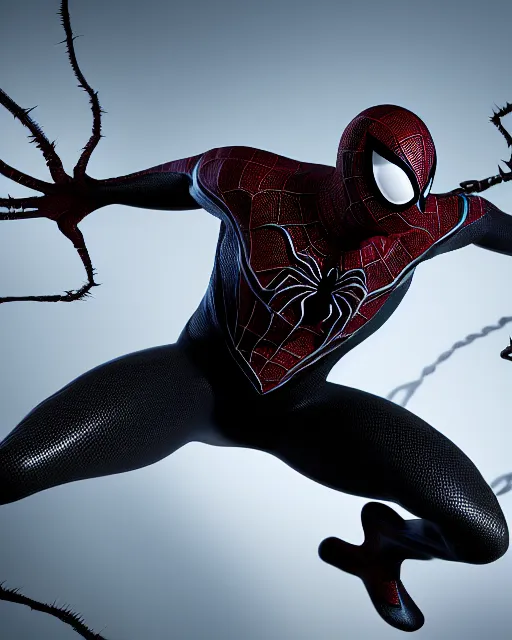 Image similar to photograph of a symbiote and spider - man hybrid, dslr, cinematic, volumetric lighting, 8 k resolution, photorealistic