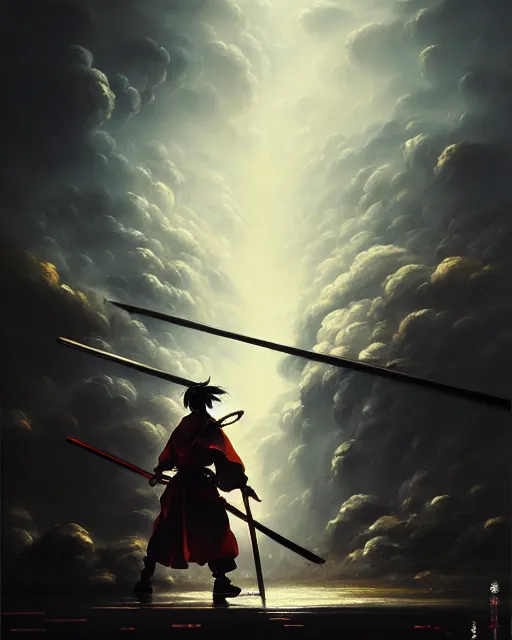 Image similar to baroque oil painting of key visual samurai war, storm, brutalist fantasy, fake detail, trending pixiv fanbox, acrylic palette knife, style of makoto shinkai takashi takeuchi yoshiyuki sadamoto greg rutkowski chiho aoshima, artstation