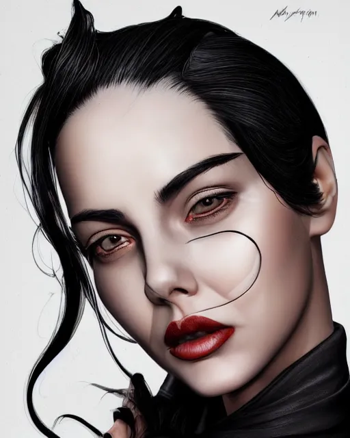 Image similar to portrait of a tall 4 0 - year - old woman with thin lips, long, lush black hair gathered on the head bun, and thick eyebrows, wearing in black clothes, aristocratic appearance, hyper realistic face, beautiful eyes, character art, art by mark brooks, hyperdetailed, cryengine, trending on artstation, digital art