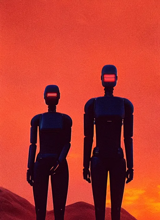 Image similar to cinestill 5 0 d photographic portrait of two loving female androids wearing rugged black cutout waist techwear on a desolate plain with a red sky, extreme closeup, modern cyberpunk, dust storm, 8 k, hd, high resolution, 3 5 mm, f / 3 2, ultra realistic faces, ex machina, blade runner