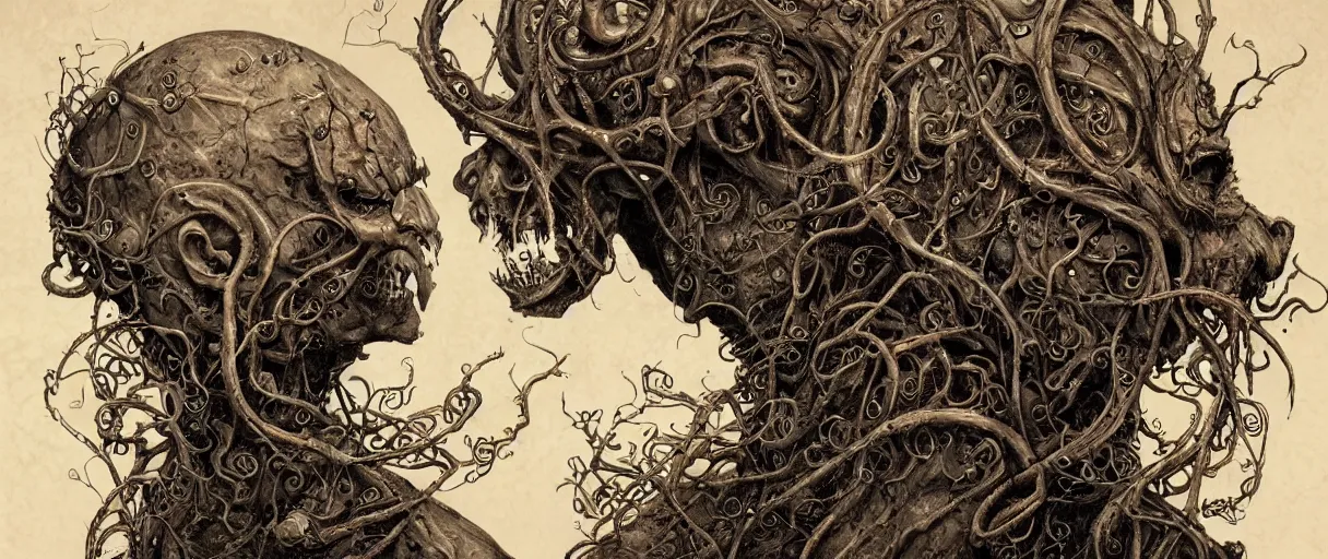 Image similar to centered horrifying detailed side view profile portrait of a insane, crazed, mad old bald zombie, eldritch abomination, dunwitch horror, ornate tentacles growing around, ornamentation, thorns, vines, tentacles, elegant, beautifully soft lit, full frame, by wayne barlowe, peter mohrbacher, kelly mckernan, h r giger