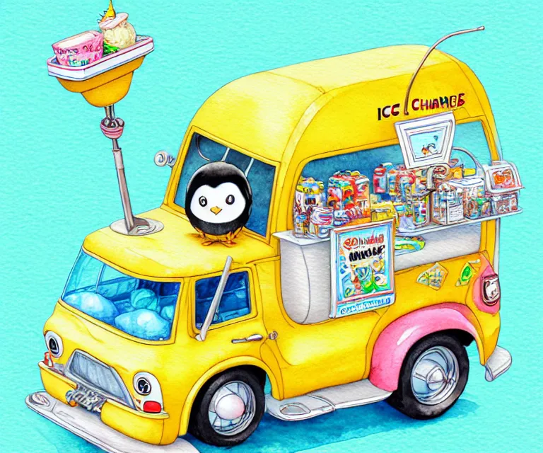 Prompt: cute and funny, penguin riding in a tiny ice cream truck with an oversized engine, ratfink style by ed roth, centered award winning watercolor pen illustration, isometric illustration by chihiro iwasaki, edited by range murata, tiny details by artgerm and watercolor girl, symmetrically isometrically centered, sharply focused